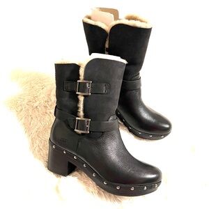 UGG Brea Black Shearling-Lined Buckle Ankle Clog Boots